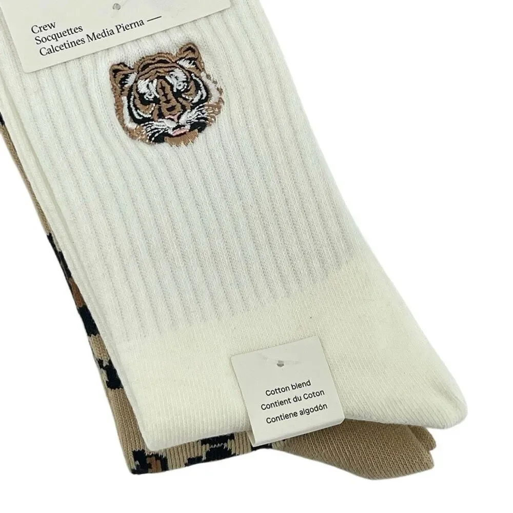 ALDO “Not Your Basic Wild” Leopard & Tiger Crew Socks 2-Pair NWT, Animal Print